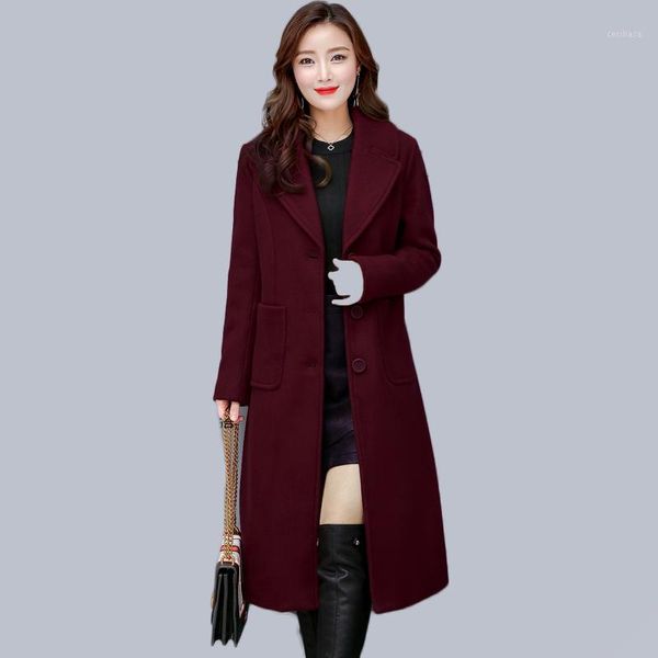 

x-long woolen coats autumn winter women fashion long sleeve woolen coat slim thicken wool outerwear windbreaker plus m-4xl1, Black