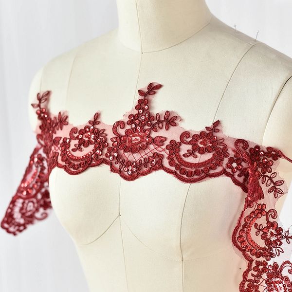 

sale by yard white 11.5 cm wide french bridal veil embroidery lace fabric trim wedding dress eyelashes lace with sequins lt14, Black;red