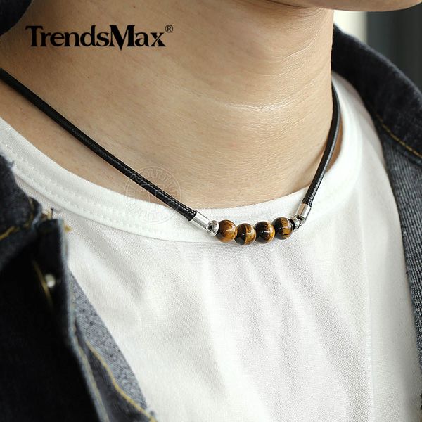 

trendsmax 8mm natural tiger eye stone bead necklace charm black leather cord choker necklace for men women jewelry gift dn125, Silver