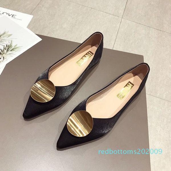 

2020 spring new soft leather metal round buckle shoes woman ballet flats pointed toe shallow mouth slip-on ladies loafers j16-05 r09, Black