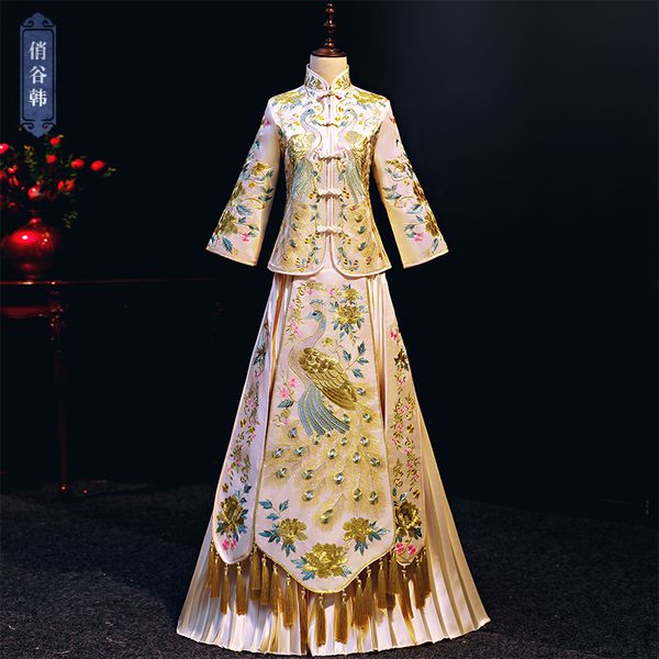 

new chinese embroidery wedding dress bride's wedding dress thickening cheongsam champagne autumn and winter, Silver