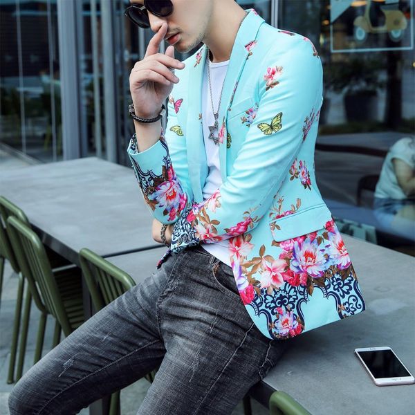

2019 butterfly print blazers for men stylish blazer hombre formal prom suit jacket korea slim fit dj club stage singer clothes, White;black