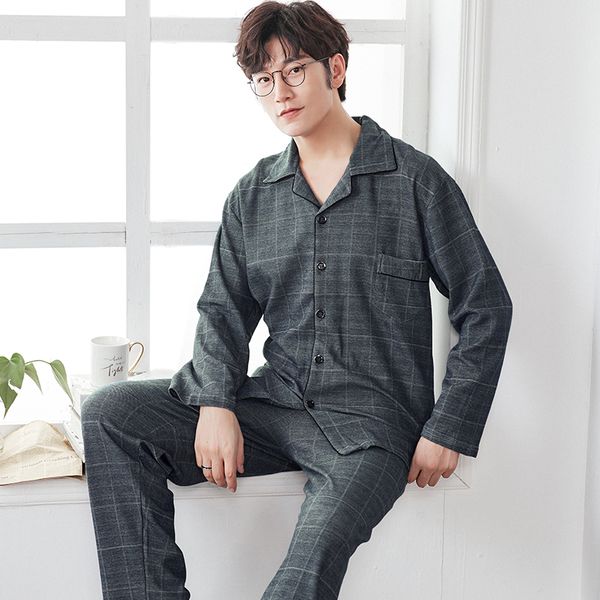 

men's long sleeve pajama set spring 100%cotton men pajamas casual soft cardigan plus size l-4xl male sleepwear homewear, Black;brown
