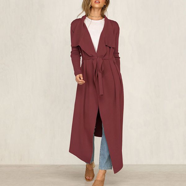 

women trench coat fashion medium length spring autumn long sleeve solid color lace-up lapels ladies women trench coat an914, Tan;black