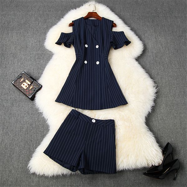 

office lady two piece outfits elegant summer set for women 2020 new fashion designer off shoulder striped blazer and shorts suit, White