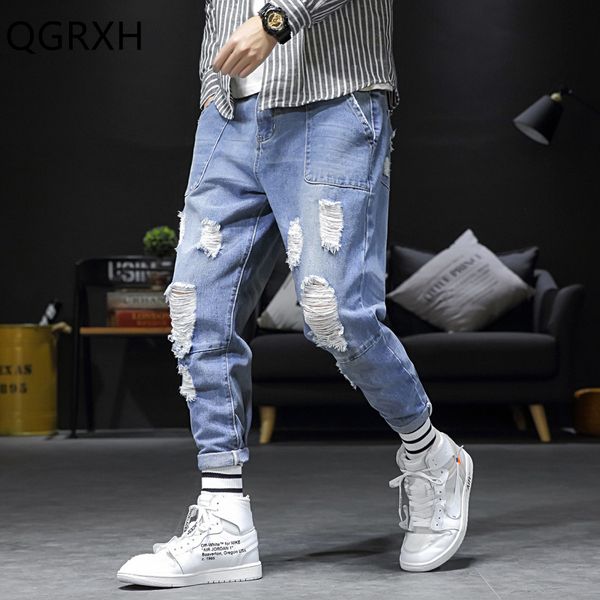 

2019 men destroyed hole blue jeans hip hop sweatpants fashion harajuku japanese streetwear casual men vintage pants