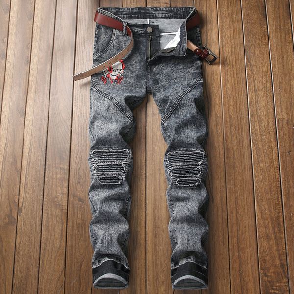 

men's stretchy ripped skinny biker jeans destroyed taped slim fit denim pants, Blue