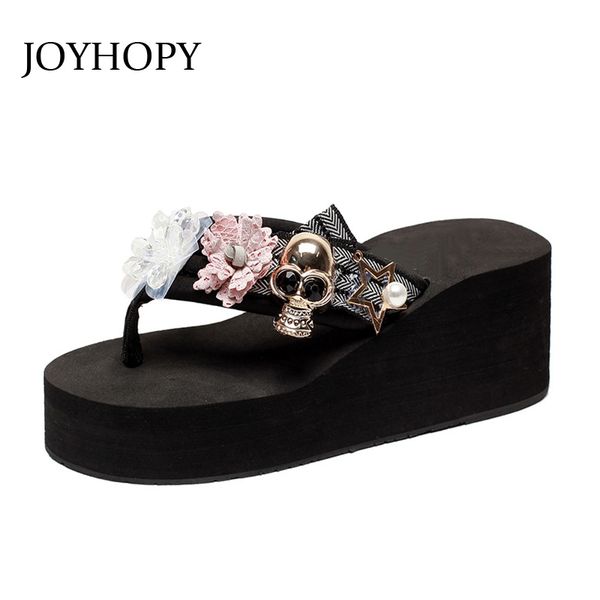

joyhopy wedge platform flip flops woman shoes summer high heels beach sandals ladies thick bottom slides women slippers aws054, Black