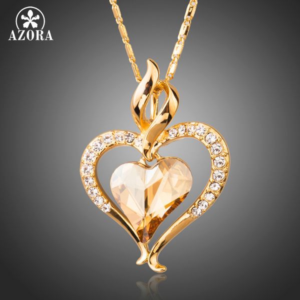 

azora long link chain heart austrian crystal gold color heart pendant necklace for valentine's day gift of love tn0204, Silver