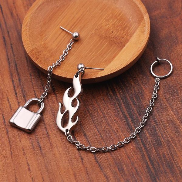 

women girl harajuku flame lock earrings hip hop punk dangle statement earrings gothic party jewelry accessories, Silver