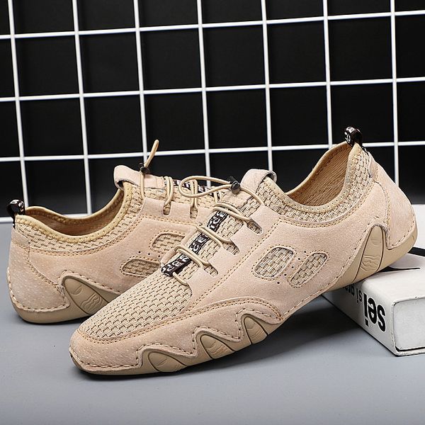 

new trend pea shoes protective step casual men's shoes mesh breathable leather hollow fashion ocs driving, Black