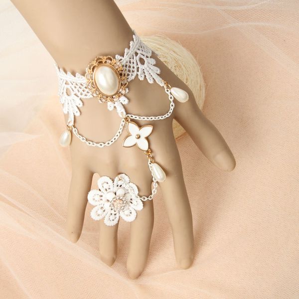 

lace flowers ring gloves for bridal 2022 new fashion pearls wedding gloves metal flower decoration boho party golves, White