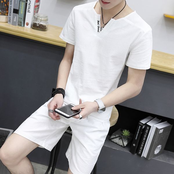 

wholesale2019 new men's suit summer new casual pure colour fashion round neck two-piece chinese style short-sleeved shorts, Gray