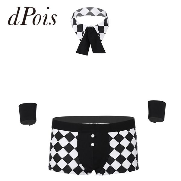 

novelty men maids butler cosplay costume clubwear lingerie male role play party outfit plaid exotic boxer panties underwear, Black;white