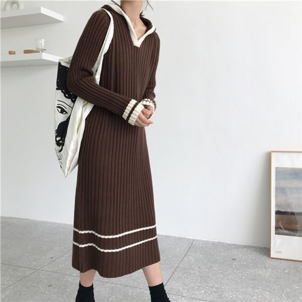 

womens clothing 2019 loose lazy oaf hat stripe sweater dress knitted overknee thicken long sweater, White;black