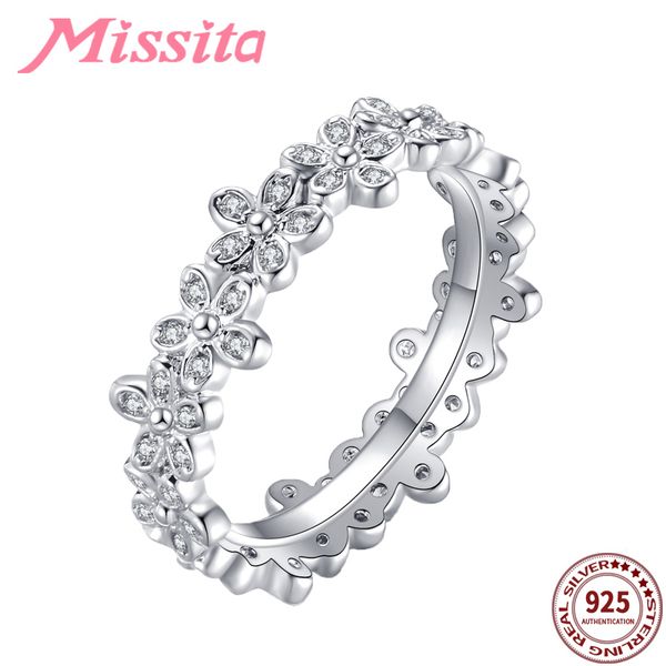 

missita 925 sterling silver romantic sweet flower rings for women girls gift cubic zircon silver color brand fashion jewelry, Golden;silver