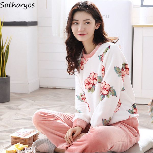 

pajama sets women 2018 winter classic elegant lovely o-neck flannel womens pajamas korean style printed ladies home clothing, Blue;gray