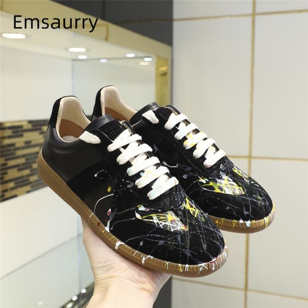 

black suede leather patchwork casual shoes woman cross-tied round toes graffiti flat shoes preppy style women