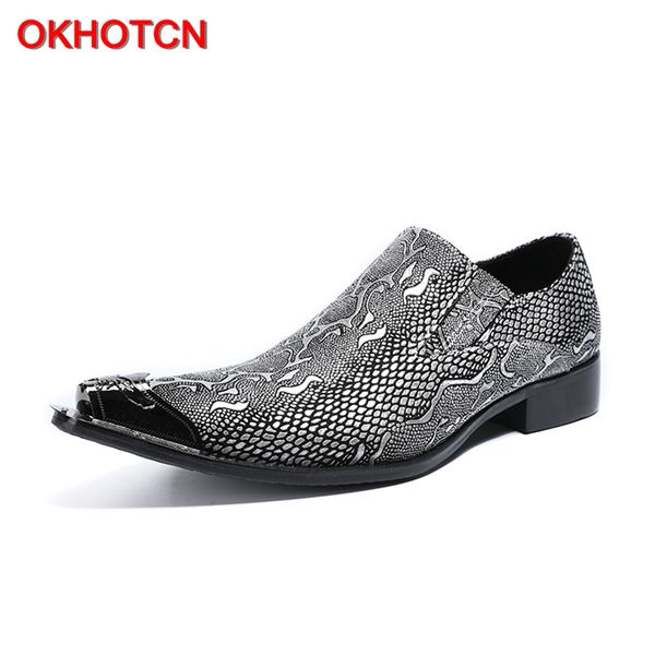 

okn new arrival man formal shoes genuine leather metal point python texture man business dress party wedding shoes, Black