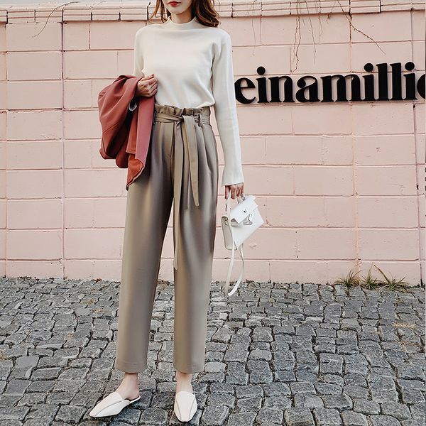 

bgteever high waist sashes women suit pants pockets ankle-length pencil pants elegant female trousers pantalon femme 2019, Black;white
