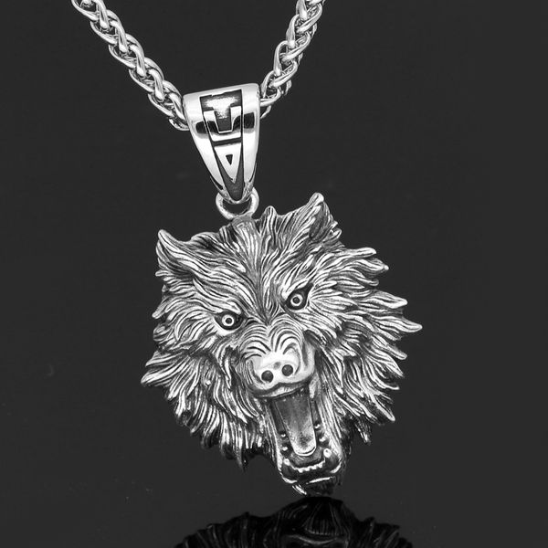 

nordic viking odin wolf with wolf head geri and freki necklace stainless steel for men with valknut gift bag, Silver