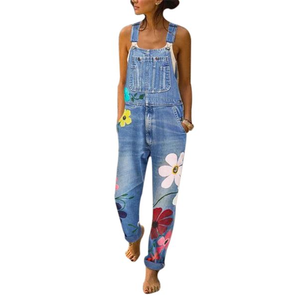 Moda feminina Florals Impressão Jeans Correias Pescoço Luz bolsos lavados macacão jeans Pants Corpo Inteiro Jumpsuit soltos