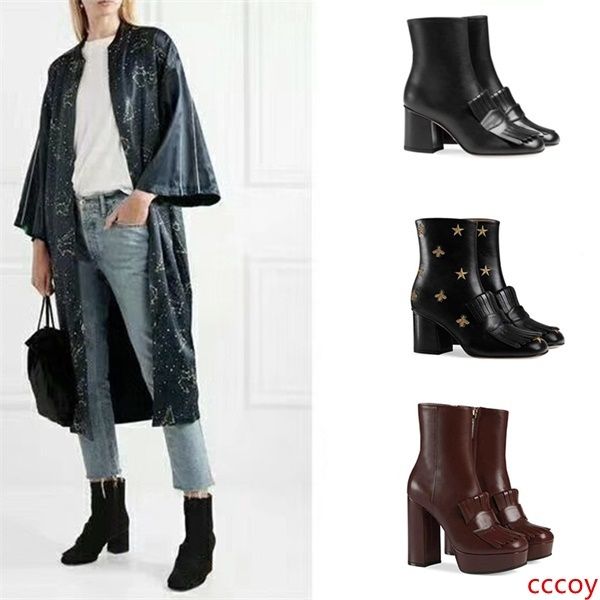 

2019 designer boots women platform ankle boot embroidered fashion black bordeaux real leather shoes winter boot with us 11