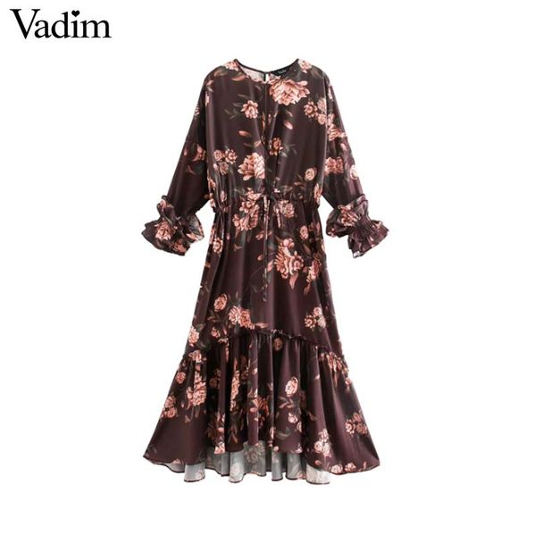 

vadim женщины retor цветочный принт миди платье с длинным рукавом галстук талии шнурок женского пола вскользь стильный линию платьев vestido, Black;gray