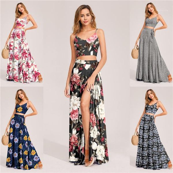 

v neck camisole two piece printed maxi skirt long dress with camisole womens new designer, White