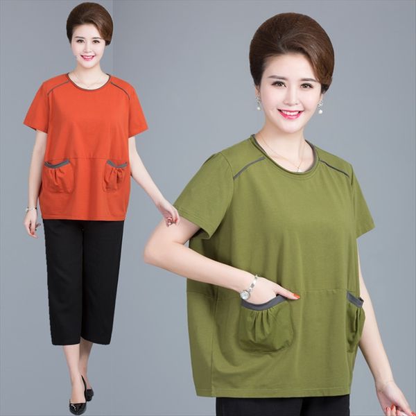 

fat mothers' summer clothes plus fat plus size middle-aged and elderly women's short-sleeved t-shirt loose cotton 200 jin top, White