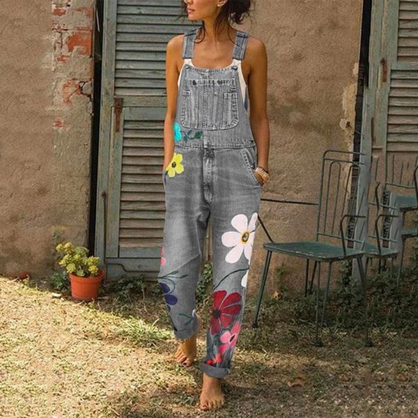 

women's jeans womens jumpsuit fashion floral printed denim overalls with pocket ladies light washed suspender pants streetwear, Blue