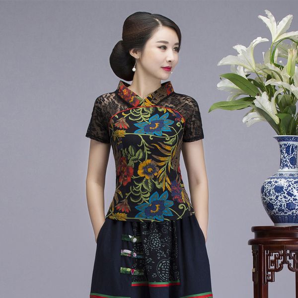 

wholesale chinese shirt summer cotton linen tang suit lady stand collar slim short sleeve ganze patchwork large size, Red
