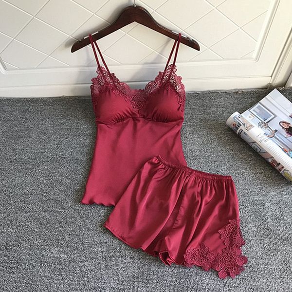 

women's sleepwear nighties women pajamas satin pijama silk home wear lace robe chest pads sleep lounge pyjama red 2 piece, Black;red