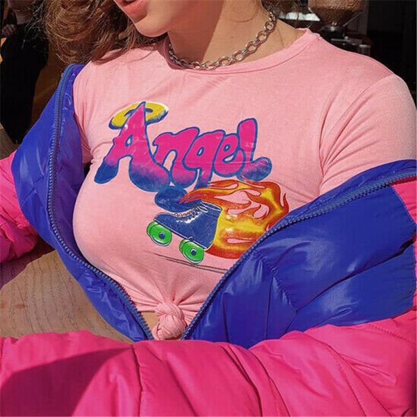 

2019 fashion harajuku women cartoon letters printed hip hop t shirt cotton o neck short sleeve sweet style crop tee, White
