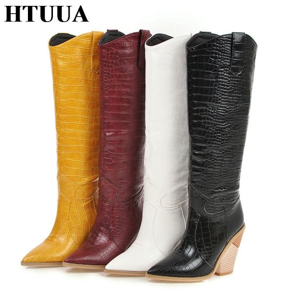 

htuua black yellow white knee high boots western cowboy boots for women long winter pointed toe cowgirl shoes sx3369