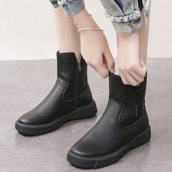 

rimocy fashion pu waterproof boots women 2019 autumn winter thick bottom platform ankle boots woman non slip wedges shoes female, Black