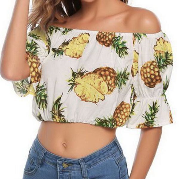

summer crop for womens and blouses 2018 boho pineapple print off shoulder shirts tunic ladies womens clothing, White