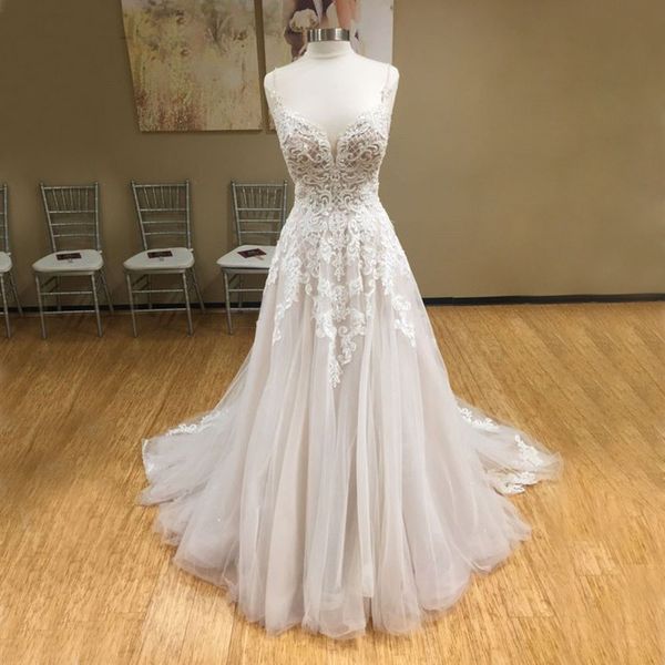 

real ps lace wedding dresses a line spaghetti strap backless ivory tulle bridal dress custom made vestido de casamento, White