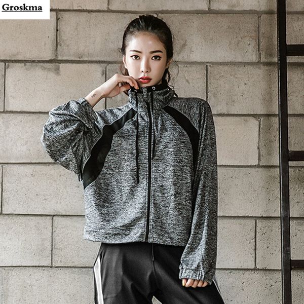 

women autumn sports training coats patchwork loose fitess gym wear jackets zipper womens sports running veste sport femme, Black;red