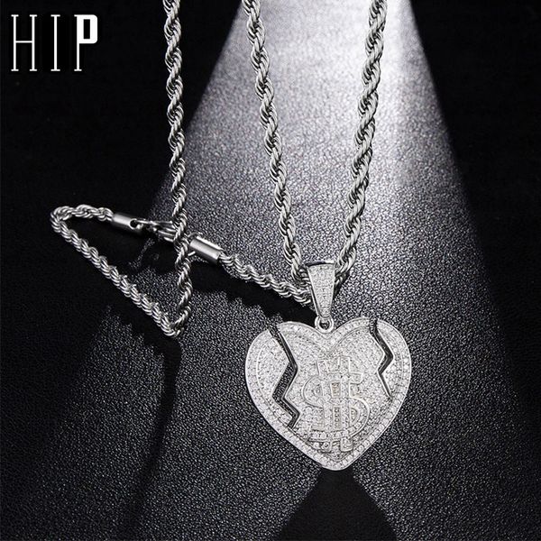 

hip hop bling shiny iced out micro paved cz broken heart with dollar sign necklaces & pendants for men rapper jewelry, Silver