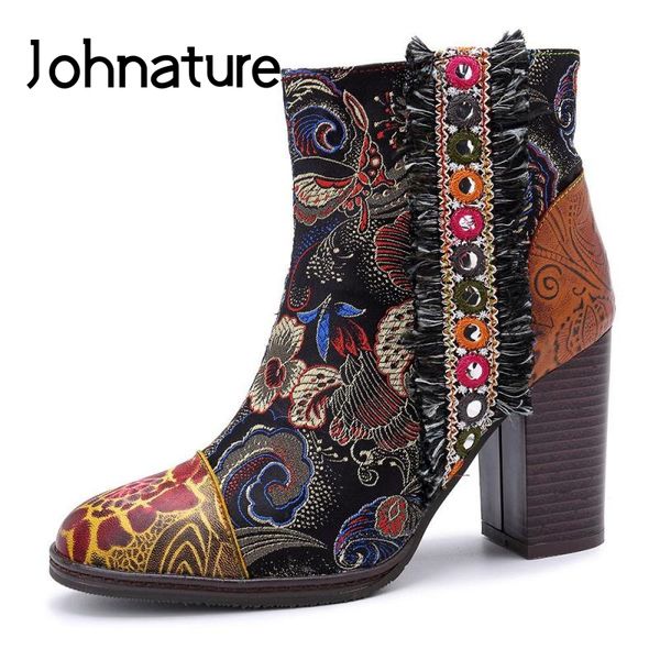 

johnature retro 2019 new autumn platform boots genuine leather women shoes round toe hand-painted sewing zip ankle boots, Black