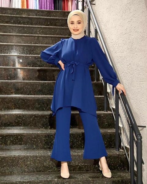

2 pieces dubai muslim sets islamic + pant suits female kaftan oman turkish hijab muslim islamic dress ramadan ropa f1698, Red