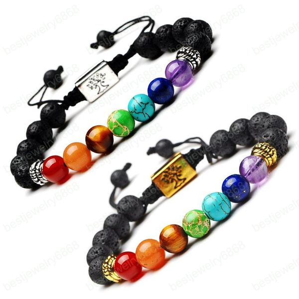 Braccialetti Chakra dell'albero della vita Uomo Nero Lava Guarigione Equilibrio Perline Reiki Buddha Preghiera Bracciale Yoga in pietra naturale per gioielli da donna