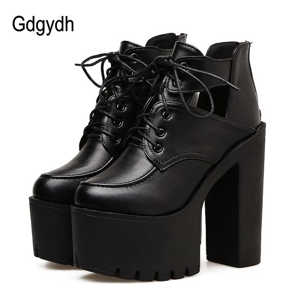 

gdgydh black spring boots women platform lacing thick heels leather party shoes ultra high heels cut out gothic shoes woman
