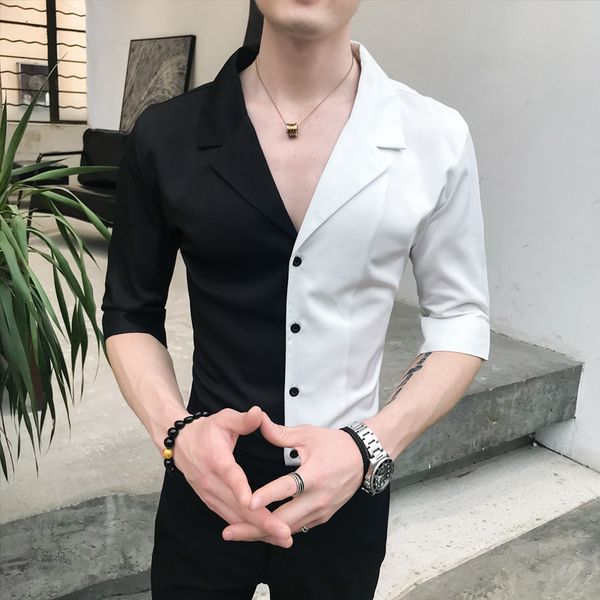 

personality patchwork color men shirt simple summer half sleeve mens casual shirts all match slim fit blouse homme streetwear, White;black