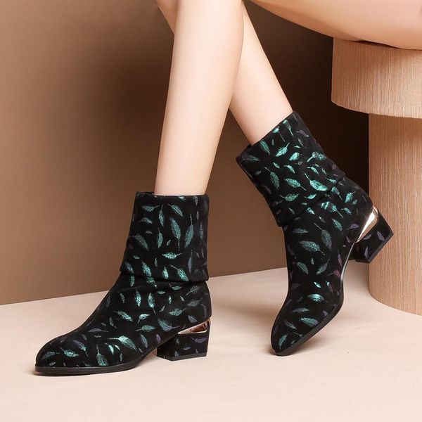 

slip on leaves grain med heels mid-calf boots mature woman comfortable pointed toe stretch boots, Black