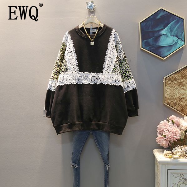 

ewq] 2019 autumn winter new pattern round collar long sleeve hit colors patchwork pullovers casual sweatshirt women ak04611, Black