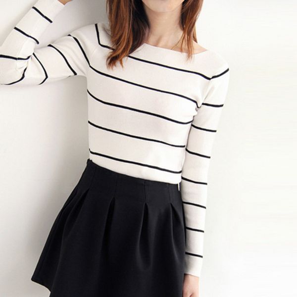 

тонкий сладкий top прицепного femme трикотажных свитеров женщины с длинным рукавом корейских полосатых tight jumper свитер, White;black
