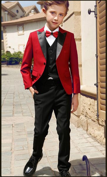 

boy 5 pieces red suit smart teens peak lapel two button boy tuxedos wear kids suits for prom party custom made(boy jacket+pants+vest+shirt), Black