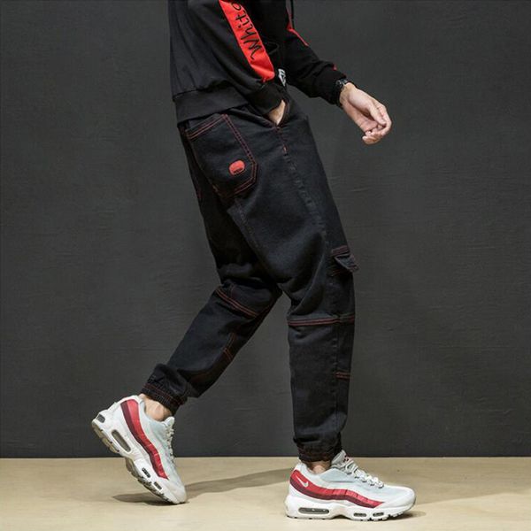 

japanese style high street fashion men jogger jeans black color spliced punk cargo pants hip hop jeans stretch pencil pants men, Blue